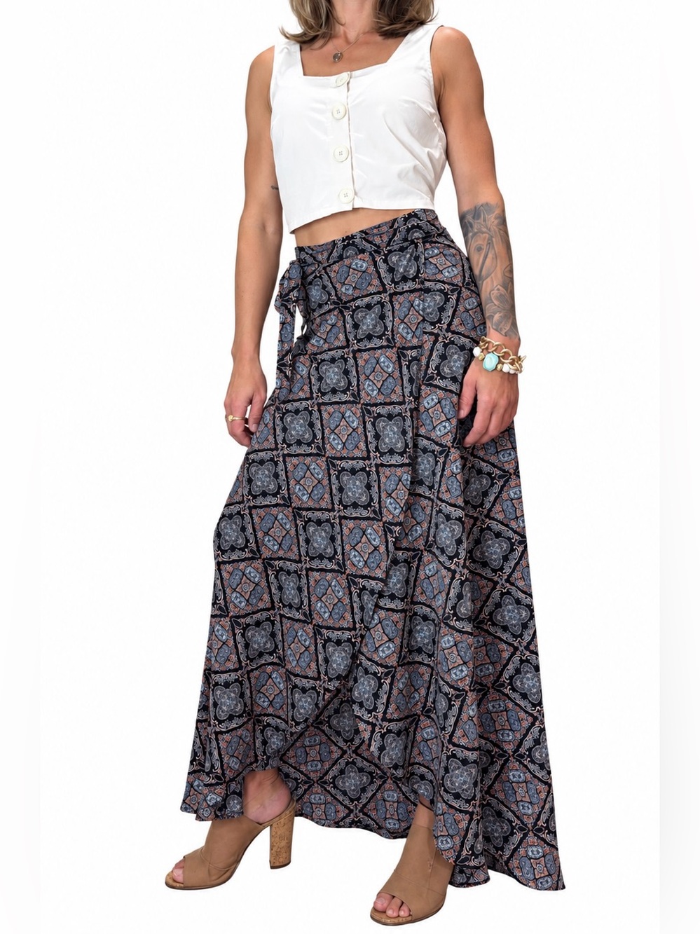 Vintage Lush Boho Paisley Geometric Wrap Maxi Skirt Black Blue Size S